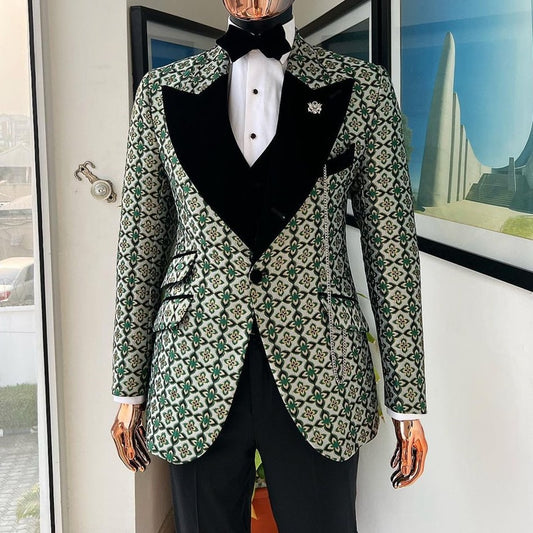 Jacquard African Suits Slim Fit Custom Velvet Peak Lapel Formal Suit Jacket with Vest Pants 3 Piece Wedding Groom Tuxedo