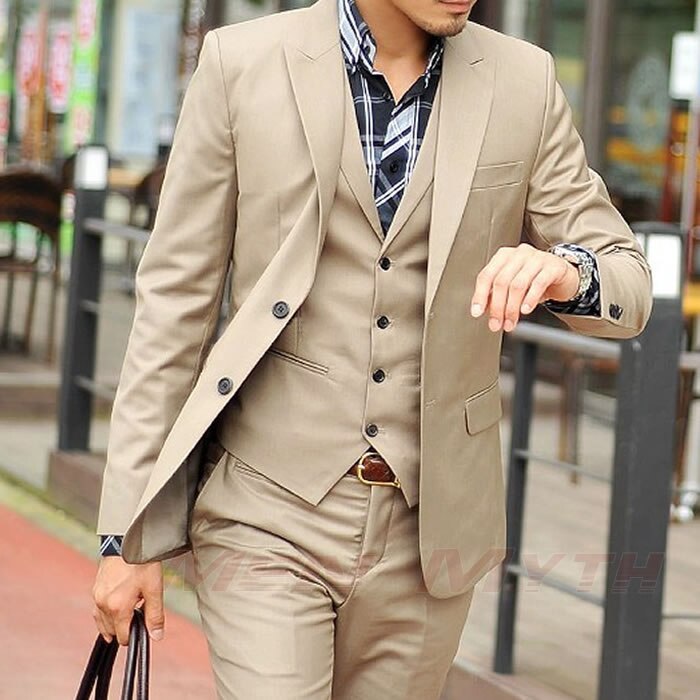 Costume homme beige 3 pièces avec revers cranté, coupe slim, smoking de marié, costume Terno pour homme (veste, pantalon, gilet, cravate) 