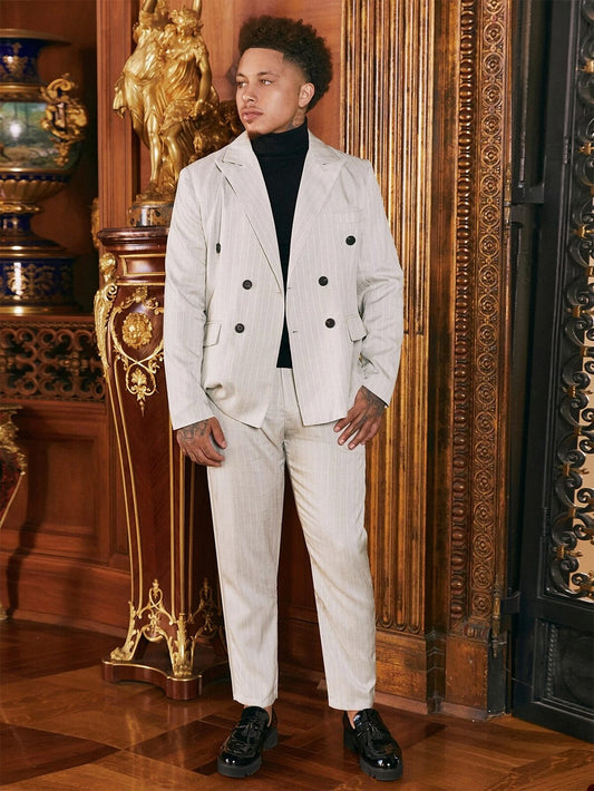 Trajes de hombre caqui a medida, 2 piezas, blazer, pantalón, doble botonadura, solapa de pico, rayas, para trabajo, boda, novio, a medida, talla grande 