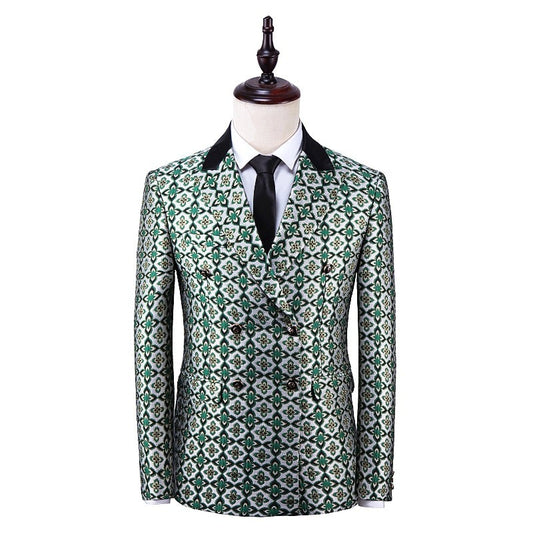 Men's Colorblock Double Breasted Green Jacquard Silver Suit