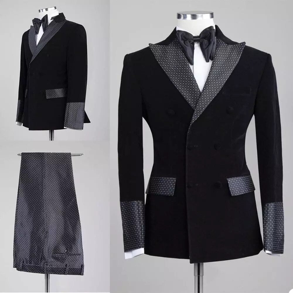 Men's Black Velvet 2-Piece Suit with Dot Pants and Peaked Lapel for Prom & Weddings