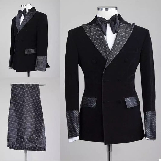 Black Velvet Jacket Dot Pant Men Suits Dot Peaked Lapel  Prom Blazer Costume Homme Terno Groom Blazer 2 Pcs