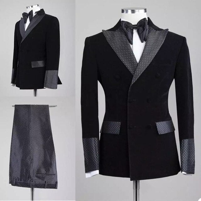 Men's Black Velvet 2-Piece Suit with Dot Pants and Peaked Lapel for Prom & Weddings