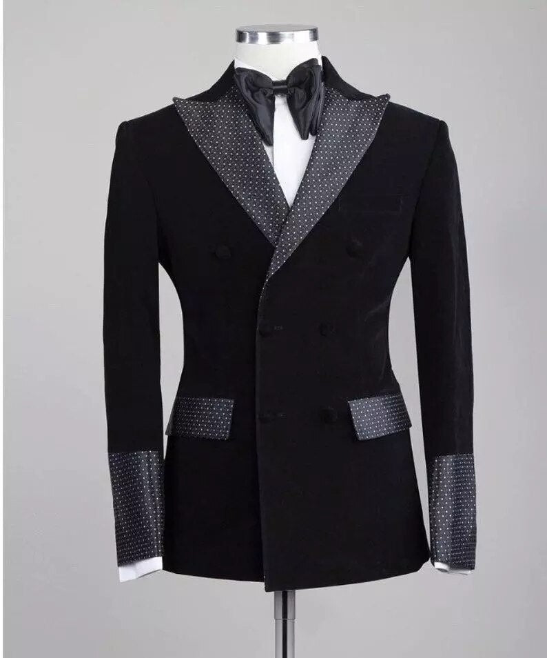 Men's Black Velvet 2-Piece Suit with Dot Pants and Peaked Lapel for Prom & Weddings