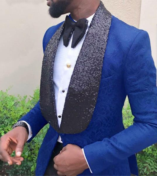 Blue Pattern Costume Homme Men Suits Formal Lapel Flat Business Tuxedos Tailcoat Groomsmen For Wedding (Blazer+Pants)