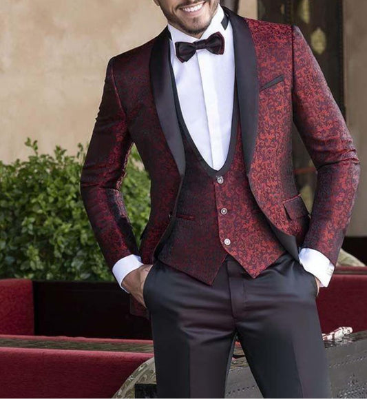 Burgundy Men Wedding Tuxedos Black Shawl Lapel One Button Groom Tuxedos Men Wedding Dinner Darty Dress (Jacket+Pants+Tie)