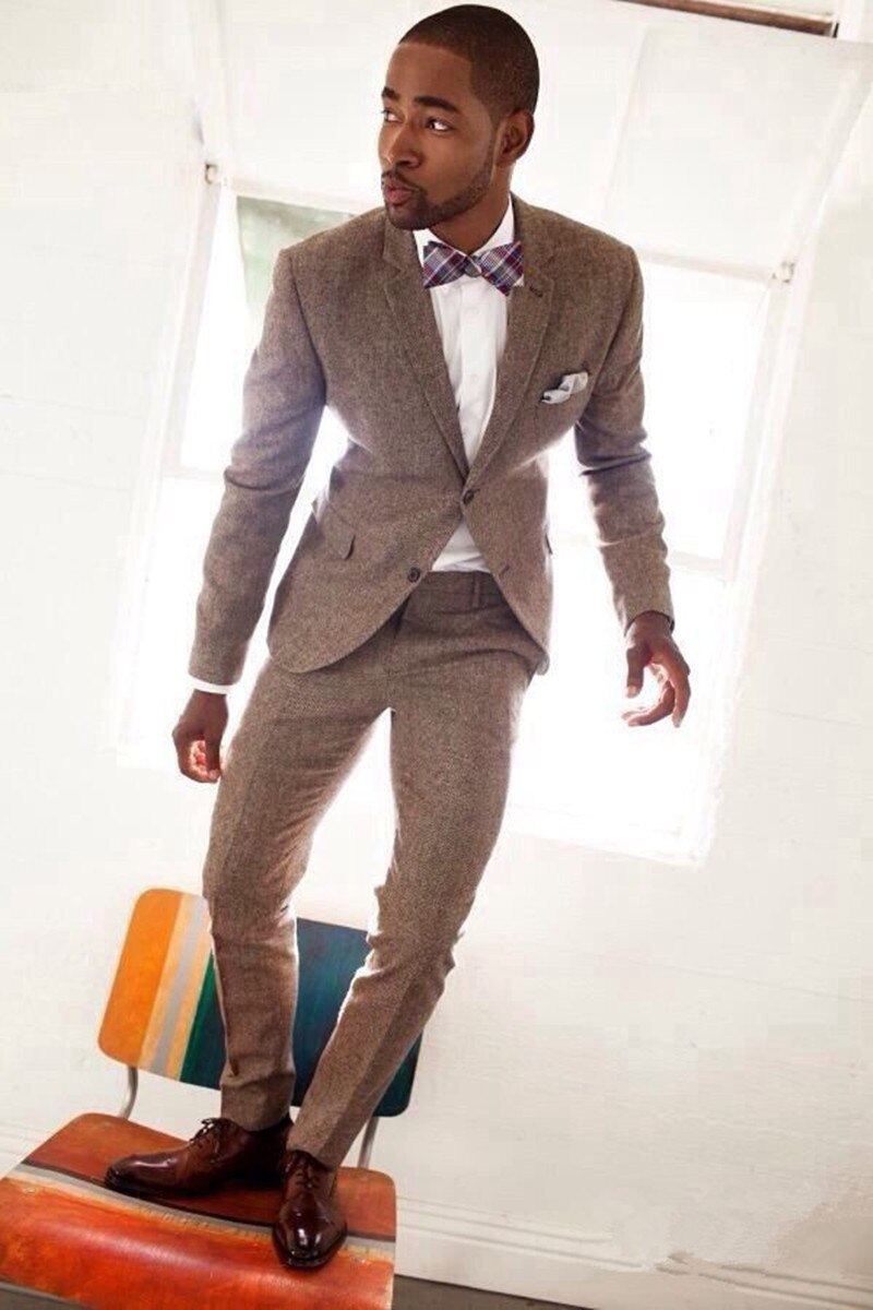 Coat Pant Designs Brown Tweed Custom Bridegroom Tuxedo suit Wedding Suits Slim Fit 2 Pieces Terno Jacket+Pants