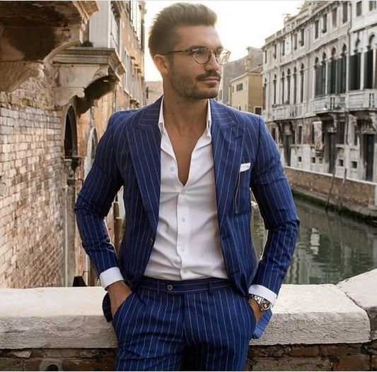 Design Casual Men's Suits Slim Fit 2 Piece Striped Prom Tuxedos Classic Business Wedding Prom Groom Jacket Blazer Pants
