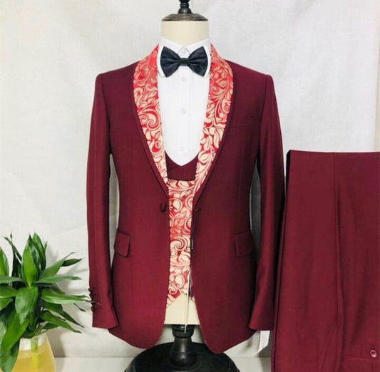 Foral Printed Shawl Lapel Men Suits Costume Homme Groom Tuxedos 3 Pcs Prom Terno Blazer Wedding Slim Fit