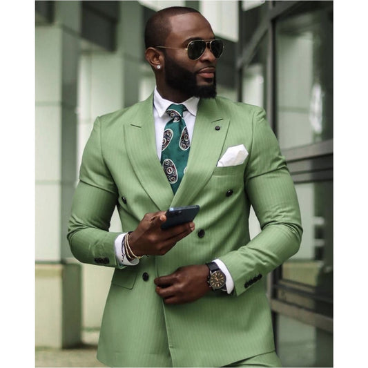 Design Green Stripe Men Suits 2 Pcs Double Breasted Tuxedos Slim Fit Costume Homme Casual Blazer Masculino Daily Outfits