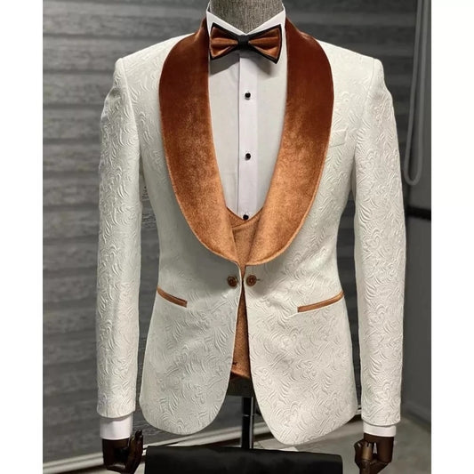 Jacquard Men Suits For Wedding 3 Pieces Velvet Shawl Lapel Terno Masculino Slim Fit Blazer Tuxedos Groom Wear Prom