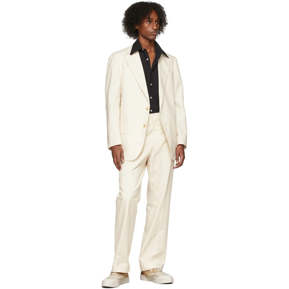 Trajes de hombre color marfil con solapa plana, dos botones, para boda, blazer con bolsillo de ribete, 2 piezas 