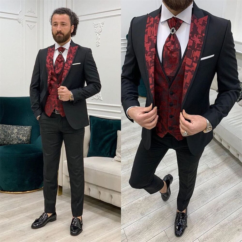 Men's Wedding Suit Red Jacquard Slim Fit Custom Groom/Groomsman Outfits Tuxedo Homme Business Casual Homme 3 Piece