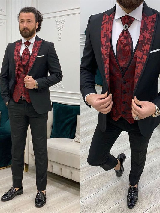 Men's Wedding Suit Red Jacquard Slim Fit Custom Groom/Groomsman Outfits Tuxedo Homme Business Casual Homme 3 Piece