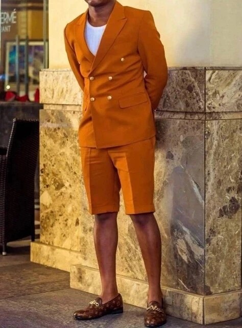 Peak Lapel Men Suits Prom Terno Groom Costume Double Breasted Blazer Wedding 2 Pieces (Jacket+Short Pants)