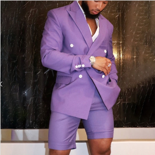 Purple Suit Men Slim Fit Blazer Short Pants 2 Pieces Groom Tuxedos Men's Wedding Suits ( Jacket + Pants ）