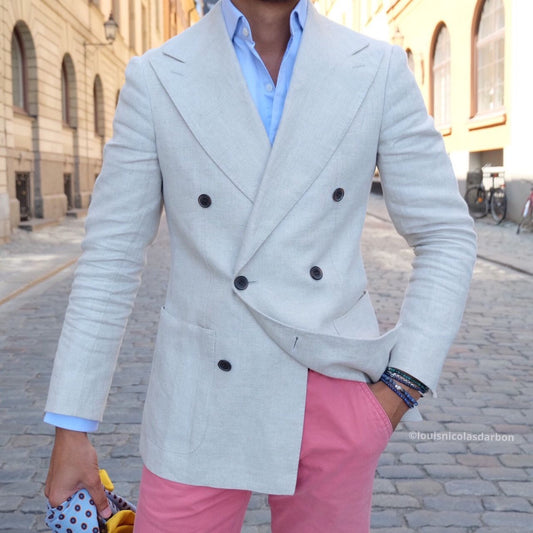 White Linen Suits Pink Trousers Men 2 Piece Summer Double Breasted Casual Slim Fit Men Set Custom Made Beach Blazers