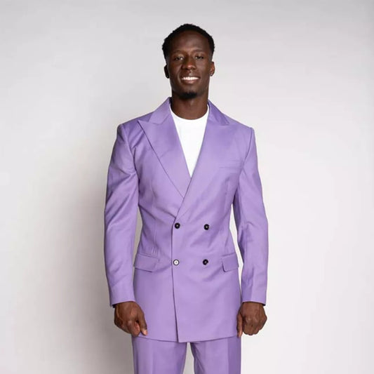 Lavender Men Suits 2 Pieces Peaked Lapel Double Breasted Jacket Pant Tuxedos Slim Fit Chalecos Para Hombre Blazer Masculino