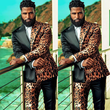 Leopard Men Suits 2 Pieces Wedding Groom Party Prom Wear Stitching Color (Jacket+Pants) Custom Made