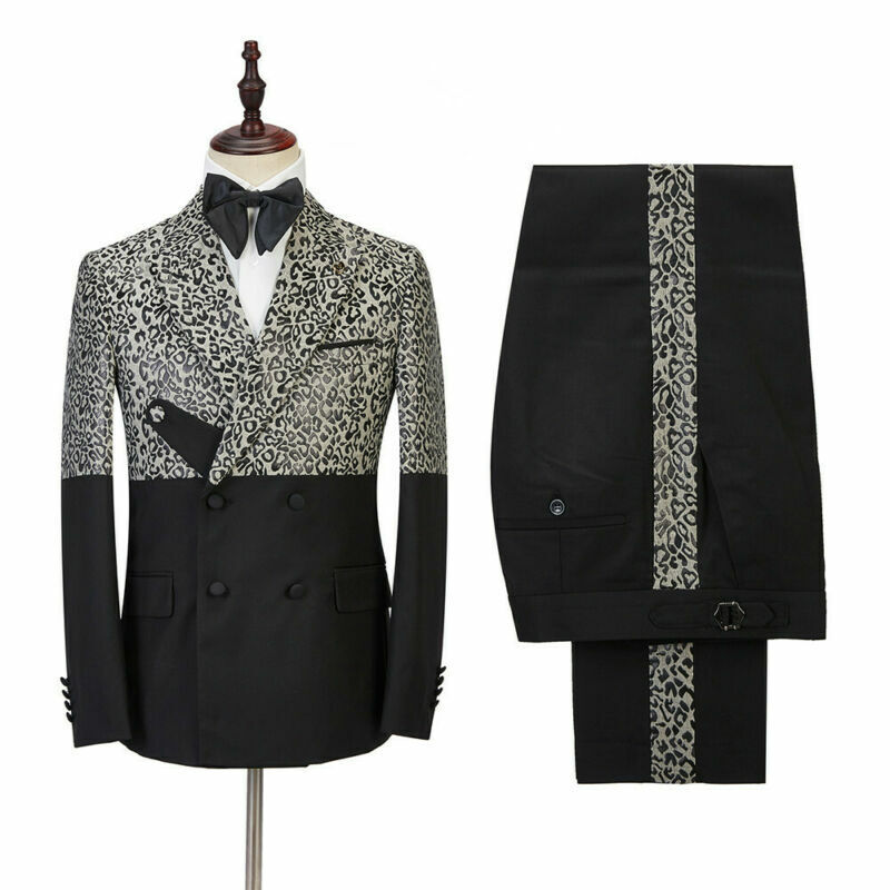 Leopard Print Splicing Men Suit Tailor-Made 2 Pieces Blazer Pants Double Breasted Slim Fit Formal Business Causal Party Tailored