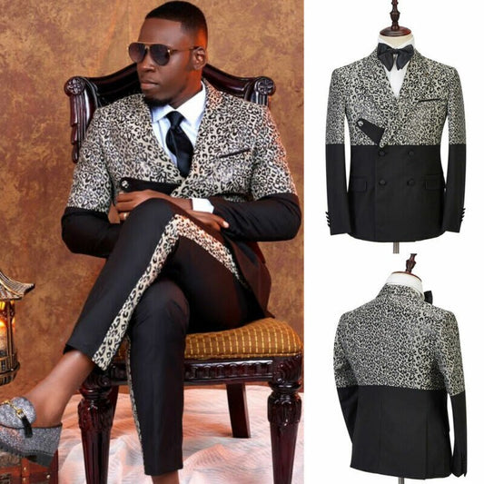 Leopard Print Splicing Men Suit Tailor-Made 2 Pieces Blazer Pants Double Breasted Slim Fit Formal Business Causal Party Tailored