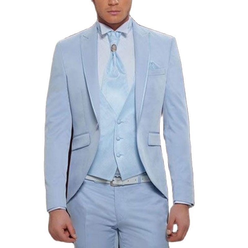 Light Blue Groom Tuxedo for Wedding Peaked Lapel 3 Piece Slim Fit Men Suits for Dinner Party Jacket Vest with Pants