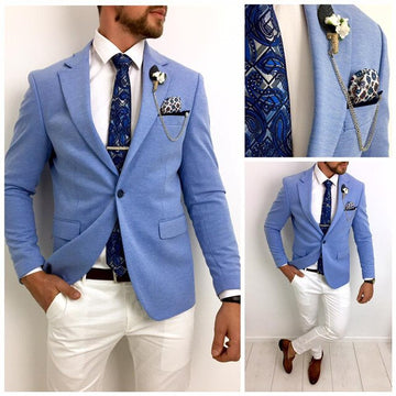 Light Blue Jacket White Pant Men Suits Costume Homme Slim FIt Wedding Groom Tuxedos Terno Slim Fit 2 Pcs