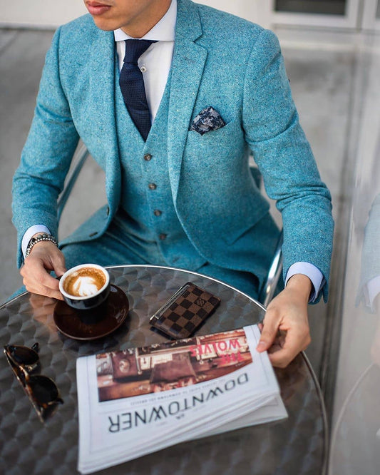 Light Blue Woolen Men Suits 3 Pieces Winter Warm Wedding Tuxedos Formal Business Custom Made (Blazer+Pants+Vest)