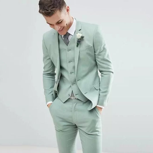 Light Green Men Suits Wedding Tuxedos Notched Lapel Slim Fit Blazer Jacket+Pant+Vest