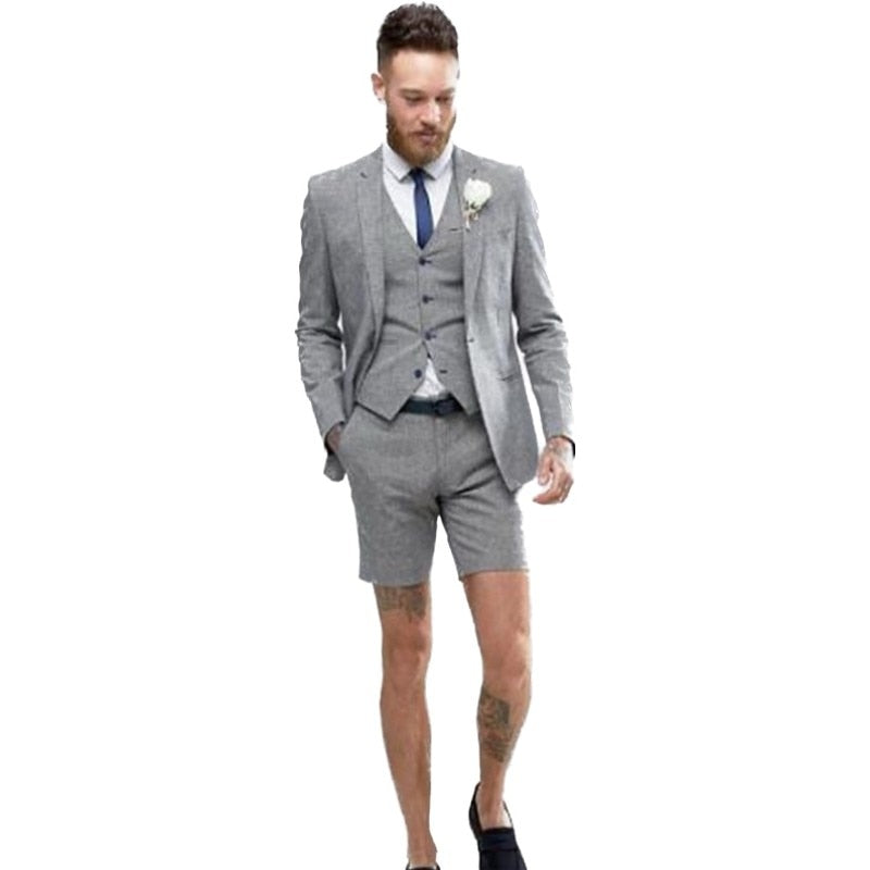Light Grey Shorts Summer Men's Suit (Jacket +Pants+Vest) Casual Groom Tuxedo Beach Wedding Suits Best Man Blazer