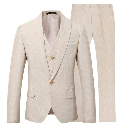 Linen Beach Men Suits for Wedding Slim Fit Groom Tuxedo 3 Piece Peaked Lapel Blazer (Jacket + Vest + Pants)