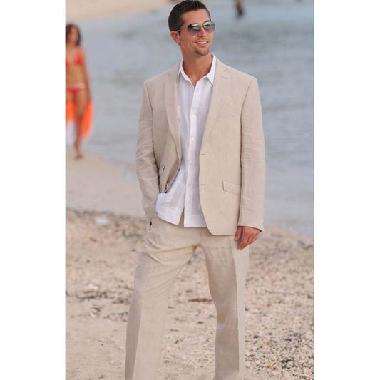 Trajes de playa de lino para hombre para boda, verano, graduación, novio, esmoquin, blazer, traje de 2 piezas, chaqueta con pantalones