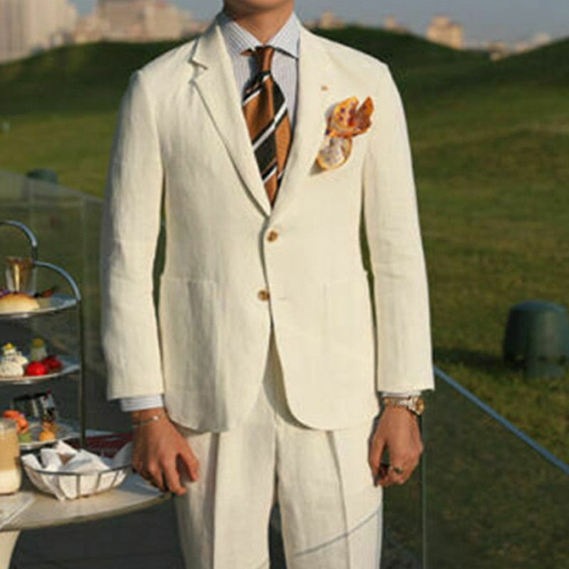 Linen Summer Men Suits for Wedding Slim Fit 2 piece Custom made Groom Tuxedos Set Blazer With Pants