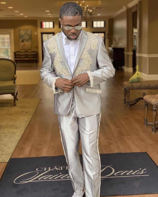 Luxury Beading Men Suits Pearls Groom Wedding Blazer Tuxedos Formal Outfits (Jacket+Pants)