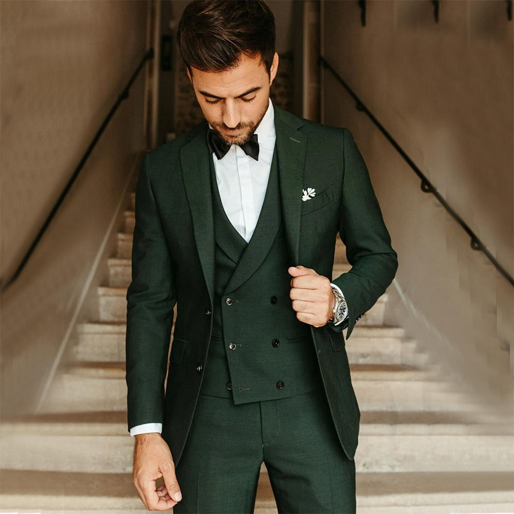 Army Green Groom Tuxedos Party Suit Slim Fit Business Casual Jacket Sets 3 Piece (Blazer+Vest+Pants) Costume Homme