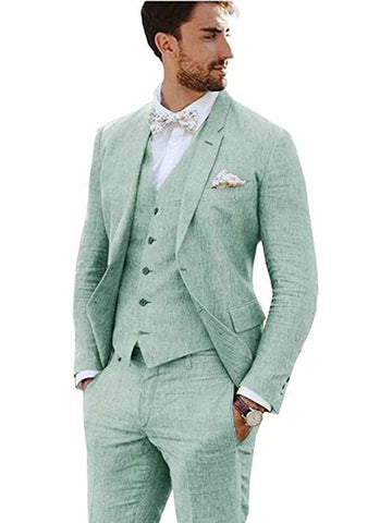 Suit Groom Tuxedos Linen Suit Notched Lapel 3 Piece (Blazer + Vest + Pants)Slim Fit