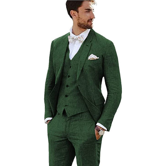 Suit Groom Tuxedos Linen Suit Notched Lapel 3 Piece (Blazer + Vest + Pants)Slim Fit
