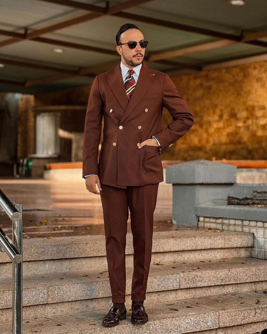 Men Suit Tailor-Made 2 Pieces Solid Brown Blazer+Pants Double Breasted Business Wedding Formal Prom Daily Prom Tailored