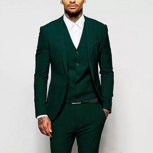 Men Suits Army Green Business Casual Groom Tuxedos Slim Fit Party Peak Lapel 3 Piece (Blazer + Vest + Pants)