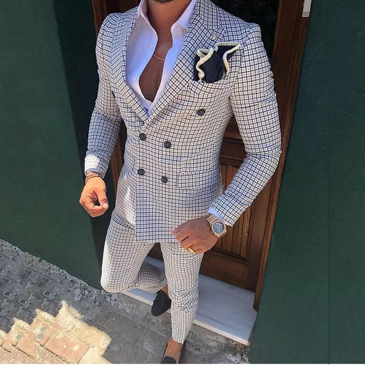 Men Suits Double Breasted Wedding Tuxedos Peak Lapel Groom Slim Fit Blazer Jacket And Pant Costume Homme