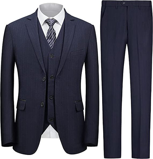 Men's 3 Pieces Formal Business Suit One Button Slim Fit Pinstripe Blazer Groom Tuxedos for Formal Wedding (Blazer+Pants+Vest)