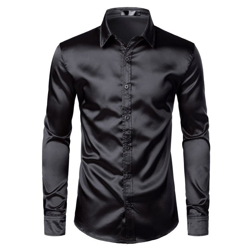 Men's Black Satin Dress Shirts Silk Smooth Men Tuxedo Shirt Slim Fit Casual Shirt Chemise Homme