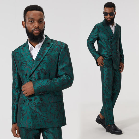 Men's Green Jacquard Double Row 10-button Suit Slim Fit Best Man Groom Wedding Tuxedo Winter Shawl Lapel Jacket Pants