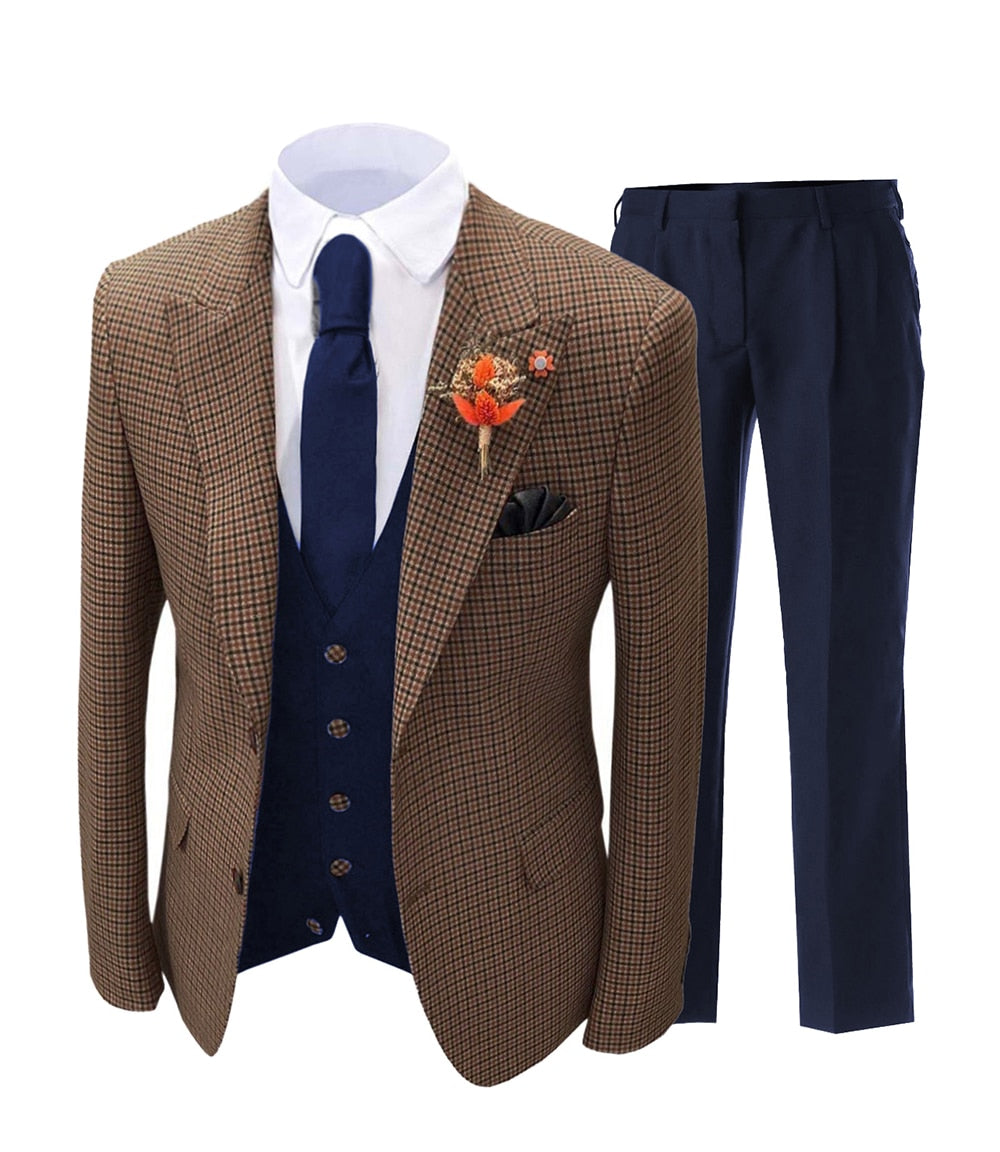 Men's Suit Brown Formal 3 Pieces Slim Fit Shawl Lapel Plaid Soft Wool Tweed Prom Grey Tuxedos Wedding Groomsmen (Blazer+Vest)