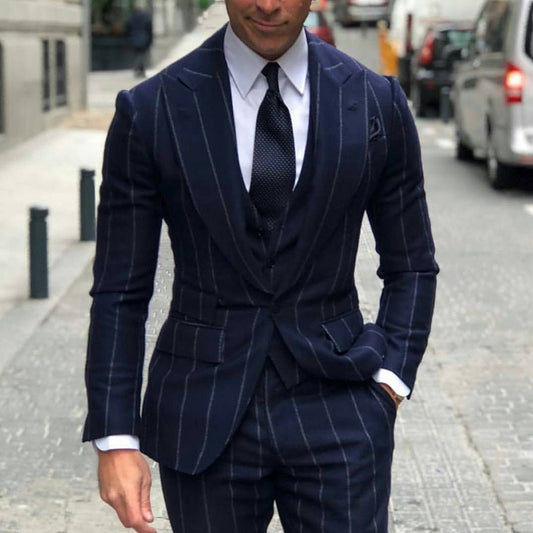 Men's Suits Navy Pinstripe Slim Fit Wedding Tuxedos One Button  Groom Peaked Lapel Prom Party Blazer Jacket(Coat+Vest+Pants)