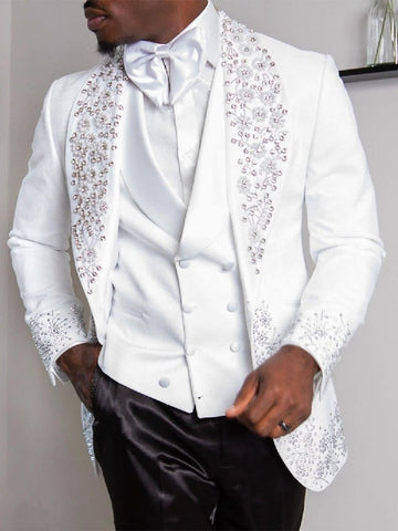 Men's Suits Tailor-Made 3 Pieces Blazer Vest Pants One Button Sheer Lapel Beaded Appliques Diamonds Business Wedding Tailored