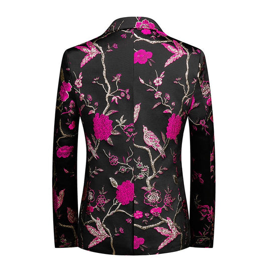 Men's Pink Floral Bird Embroidery Print Wedding Blazer