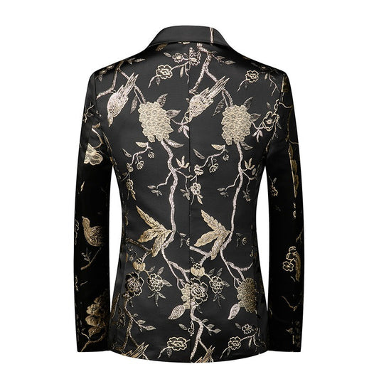 Men's Golden Flower Bird Embroidery Print Black Bottom Suit