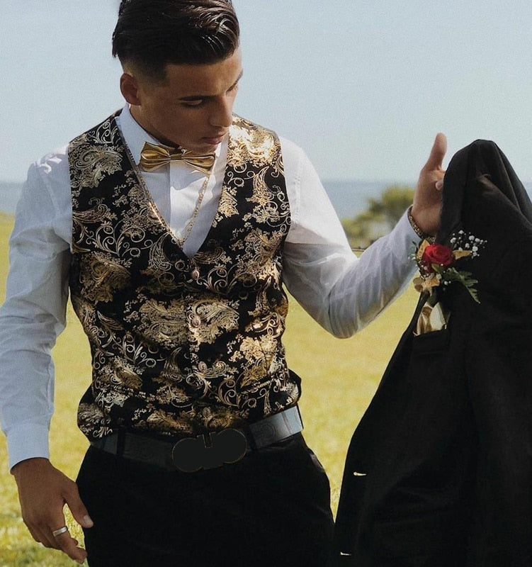Chaleco Steampunk con estampado de cachemira metalizado dorado para hombre, de un solo pecho, con cuello en V, para boda, esmoquin, aristócrata, talla 2XL 