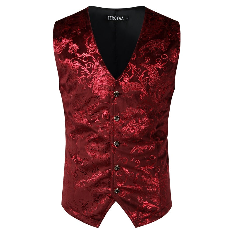 Chaleco Steampunk con estampado de cachemira metalizado dorado para hombre, de un solo pecho, con cuello en V, para boda, esmoquin, aristócrata, talla 2XL 